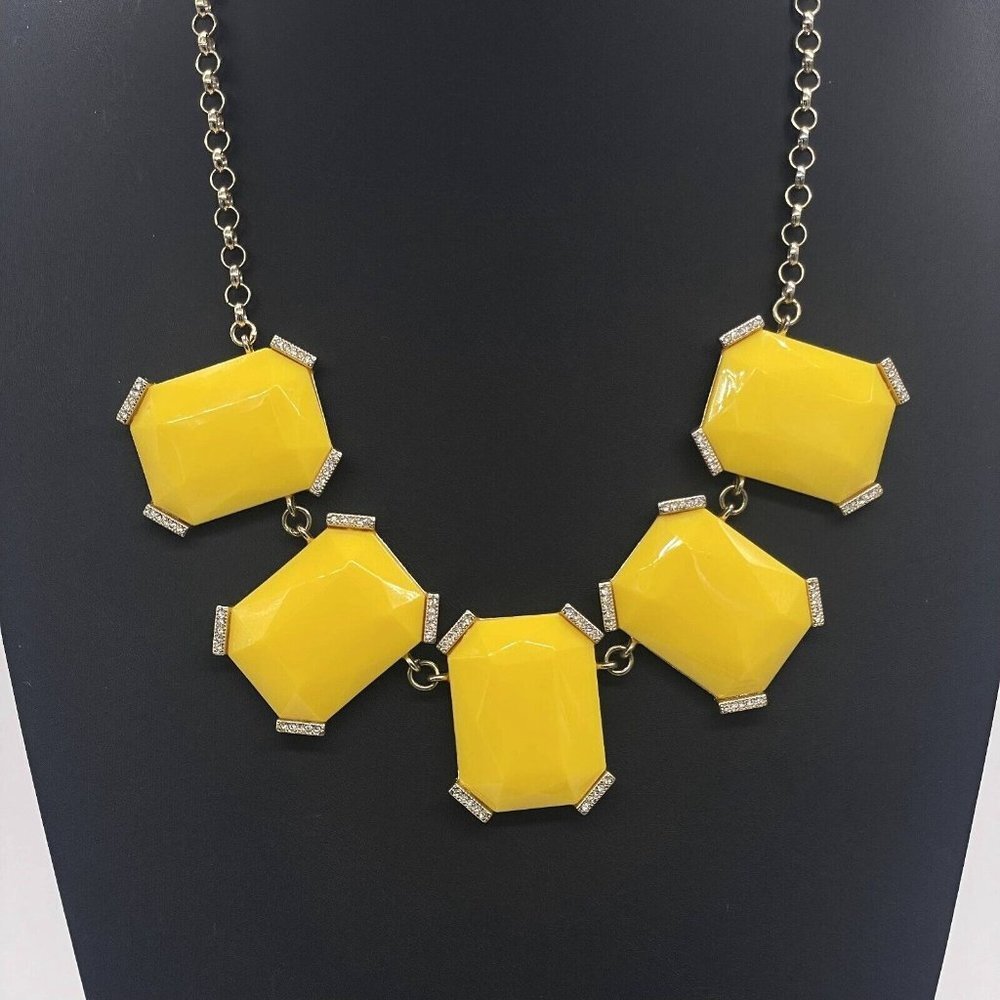 Banana Republic Rhinestone & Yellow Resin Statement Bib Necklace 19-22.5 In